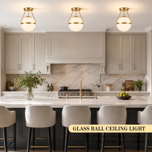 10" Modern Semi Flush Mount Ceiling Light Fixture Mid Century Ceiling Light Globe Ceiling Light Fixture with Milk Glass Shade Brass Finish for Kitchen Island Hallway Living Room