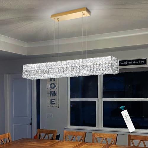 40 Inch Glam Crystal Chandelier Modern Dimmable Crystal Chandeliers LED Rectangular Ceiling Light Fixtures for Dining Room Living Room Glod