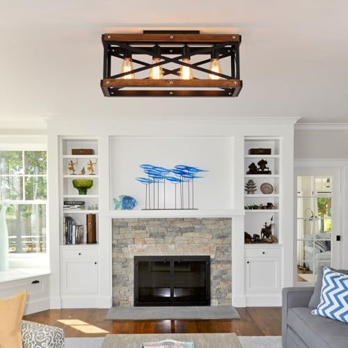 4 Light Large Rustic Farmhouse Wood Flush Mount Ceiling Light Fixture 23.6 inch Oak Wood and Metal Rectangular Track Semi Flush Mount Ceiling Light for Kitchen Living Room Bedroom Indoor