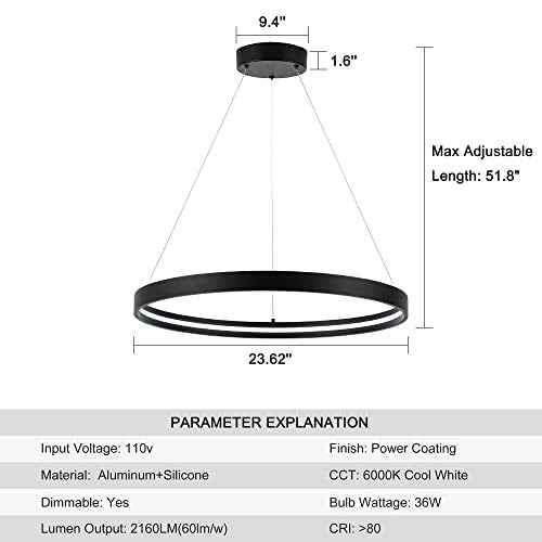 Modern Led Chandeliers Black, Dimmable Contemporary LED Chandeliers 1 Ring, Hanging Led Modern Pendant Light Fixture for Living Room Kitchen lsland Dining Room Foyer Office Entryway 6000k