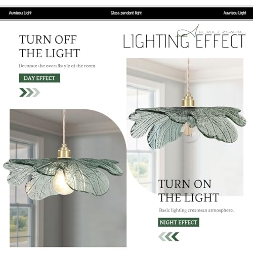 15.74" Large Glass Pendant Lights Dark Green Leaf Shade for Kitchen