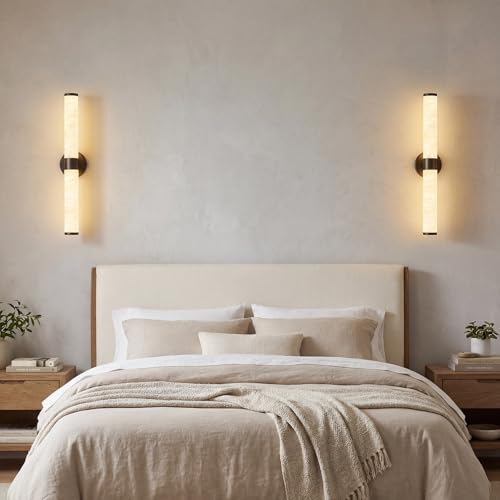 Natural Alabaster Wall Sconces Set of Two Modern Black LED Wall Lights 24" Spanish Marble Cylinder Sconces for Living Room Bedroom Bathroom Hallway Staircase (2 Count)