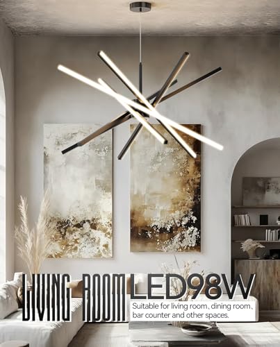 Modern Sputnik Chandelier Ceiling LED Black Pendant Light Embedded Mount Chandeliers Dining Room Light Fixtures Over Table Dimmable with Remote Control for Living Room Kitchen Bedroom