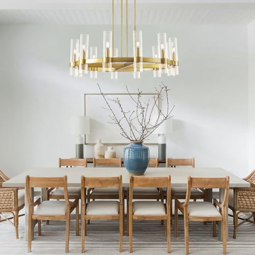 12 Light Brass Round Chandelier 36" Wagon Wheel Chandeliers for Dining Room Light Fixture Clear Glass Tube Chandelier Modern Farmhouse Chandeliers for LivingRoom Foyer