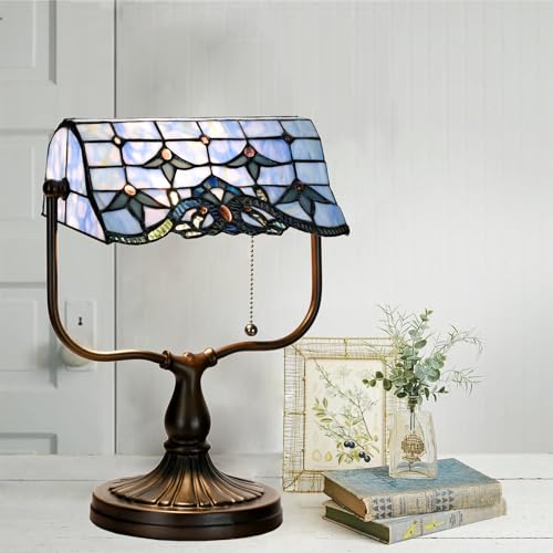 TL0031 Tiffany Banker Desk Lamp Stained Glass Blue Baroque Shade with Vintage Bronze Base W10.25 X OH13 Inch. Perfect for Piano Kitchen Beside Table