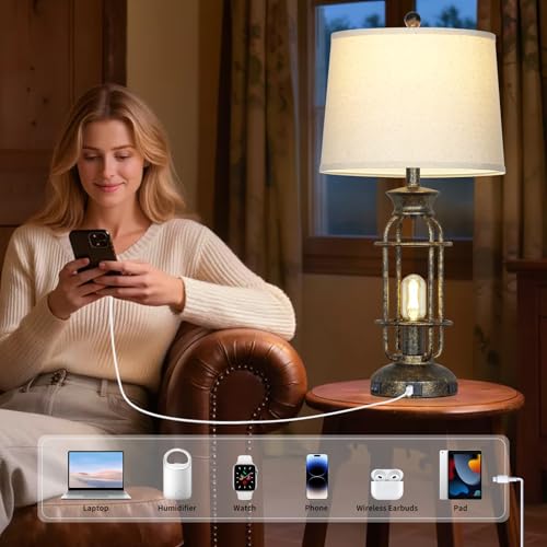 28" Tall Farmhouse Table Lamp with USB C+A Charging Ports & AC Outlet