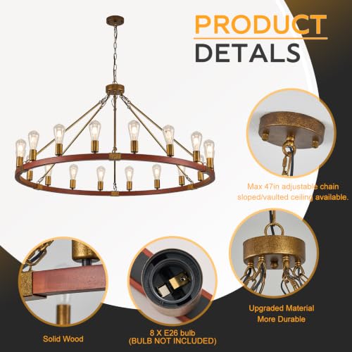 Farmhouse Wagon Wheel Chandelier 47" Rustic Gold Chandelier for Dining Room
