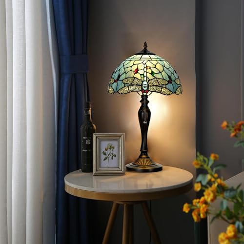 TL0023 Tiffany Style Dragonfly Table Lamp Stained Glass Blue Shade Reading Desk Light 12 X 20 Inches for Bedroom Living Room Home Office