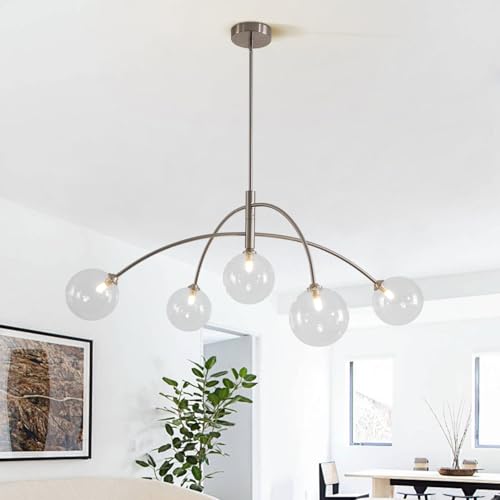 Mid Century Modern Sputnik Chandelier Adjustable 5 Light Clear Glass Silver Ceiling Chandelier for Dining Room Kitchen Bedroom
