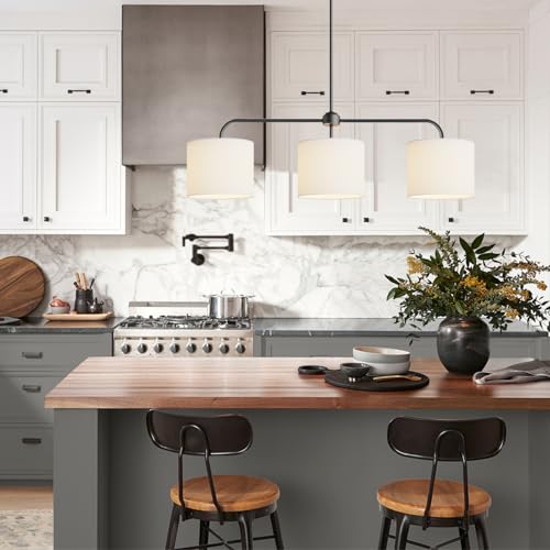 40" W 3 Light White Linen Drum Shade Chandelier with Black Metal Linear Pendant Light Fixture for Kitchen Island