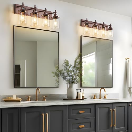 4 Light Bronze Bathroom Light Fixtures Over Mirror