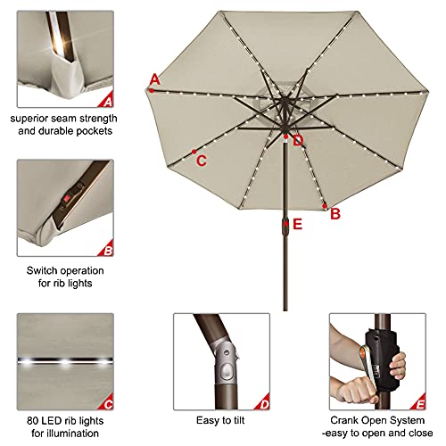 USA 10-Year-Non-Fading 9ft Market Patio Umbrella, Commercial Grade Table Sun Umbrella with 80 Solar LED Lights, Crank Open, Windproof & UPF 50+ UV Protection for Garden, Deck, Pool, Backyard, Antique Beige