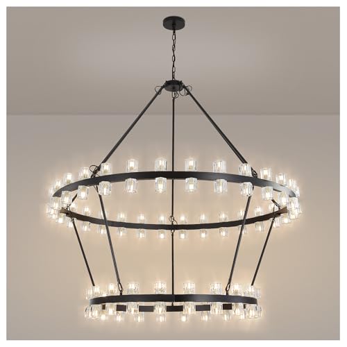 60 Inch Black Wagon Wheel Chandelier with Crystal Shade
