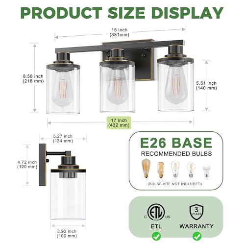 3 Light Black with Gold Trim Bathroom Vanity Light Over Mirror