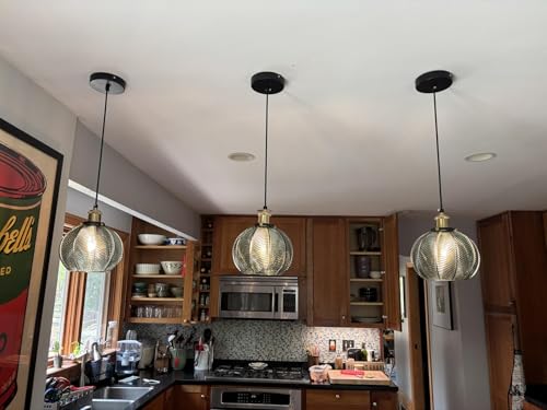 Vintage Green Ribbed Glass Pendant Lights for Kitchen Island 2 Pack