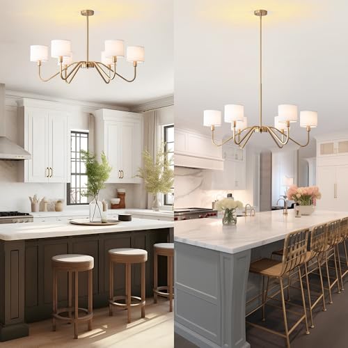 Modern Gold 6-Lights Chandelier, 39" Pendant Light with White Fabric Shade Adjustable Classic Chandelier Light Fixtures for Kitchen Island Dining & Living Room Entryway