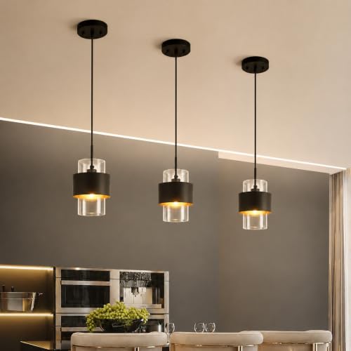 Modern Black Pendant Lighting Indoor Kitchen Island Pendant Light Glass Shade Ceiling Light Fixtures for Bedroom Dining Room Living Room (2 Count)