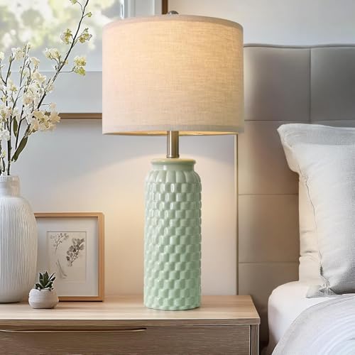 24" Modern Ceramic Green Bedside Lamp Set of 2 Table Lamp for Bedroom Decor Farmhouse Table Lamp for Living Room Office Dorm (2 Count)