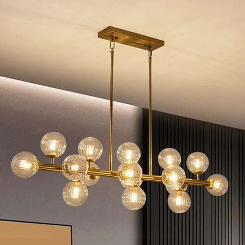 Gold Linear Rectangle Chandelier Modern Chandelier Glass Pendant Light Fixture Adjustable for Dining Living Room Kitchen Island 16