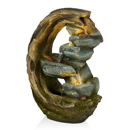 WIN1554S Outdoor Curved Trunk and Stone Floor Fountain with Warm White LED Lights