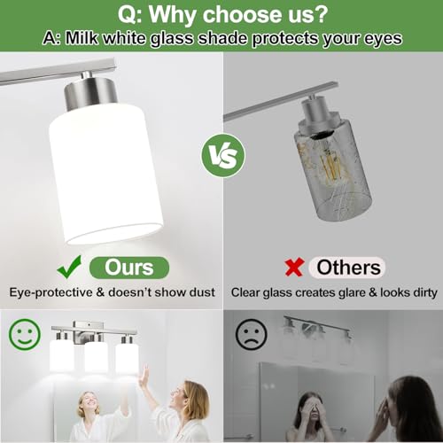 Brushed Nickel Bathroom Light Fixtures with Milk Glass Shades