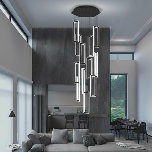 H158 Modern Chandelier 12 Rings Black Chandelier Lighting Fixture High Ceiling Chandelier Suitable for Living Room Staircase Villa