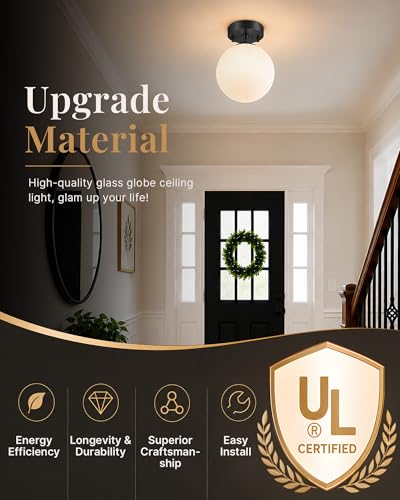 Semi Flush Mount Ceiling Light 6" Globe Mid Century Modern Light Fixture Milk Glass with Matte Black Finish Light Fixtures for Hallway Entryway Kitchen Island Closet Laundry Bathroom