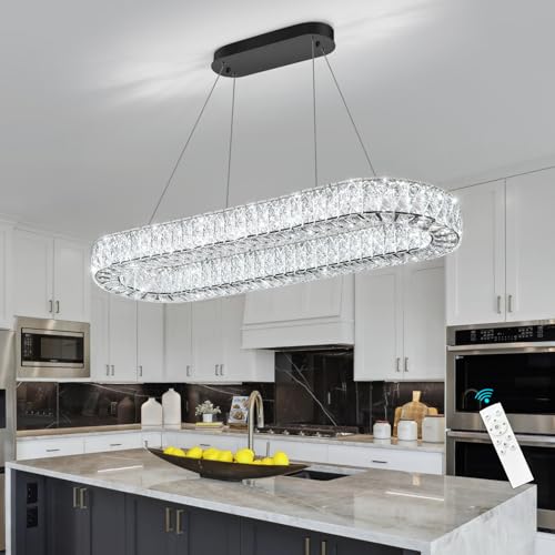 Oval Crystal Chandelier Modern Dimmable LED Chandeliers for Dining Room Rectangular Light Fixture with Remote for Living Room Kitchen Light Black