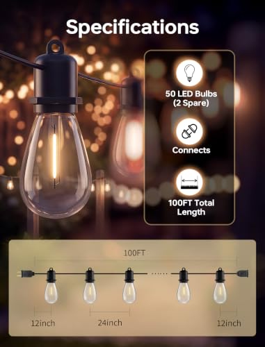 100FT Outdoor String Lights for Patio with 50+2 Shatterproof LED Bulbs
