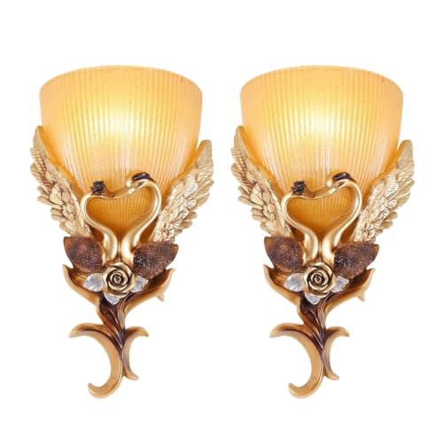 European Wall Sconces Antique Gold Light Fixtures Vintage Wall Lights Creative Resin Peacock Shape Design Frosted Glass Lamp Shade Indoor Deco Wall Lighting for Living Room Hallway