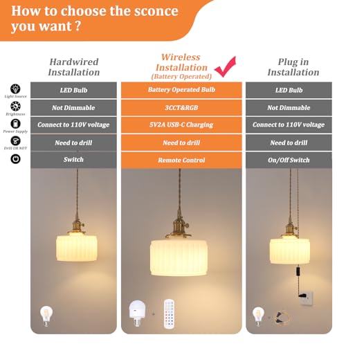 Battery Operated Pendant Light 5000mAh Rechargeable Chandelier with Remote Control Wireless Adjustable Hanging White Striped Light for Kitchen Island Dining Room Hallway (2 Count)