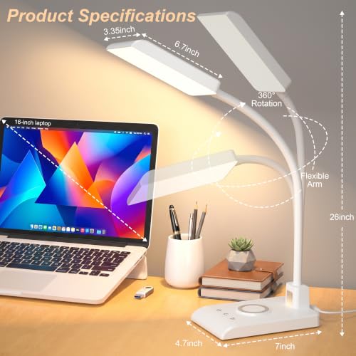 Desk Lamp with Wireless Charger LED Desk Lamps for Home Office White CRI90+ (White)