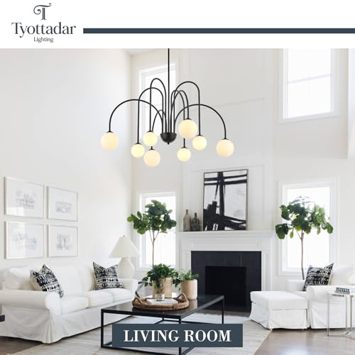 8 Light Black Sputnik Chandelier Modern Globe Chandeliers with Milk Glass Shades Large Luxury Pendant Light Fixture for Foyer Dining Room Living Room Staircase