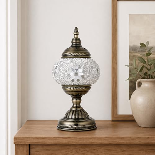 Turkish Moroccan Table Lamp Lantern with Handmade Mosaic Glass Lampshade Tiffany Style Bohemian Stained Glass Decorative Desk Lamps Bedside Night Lights for Bedroom
