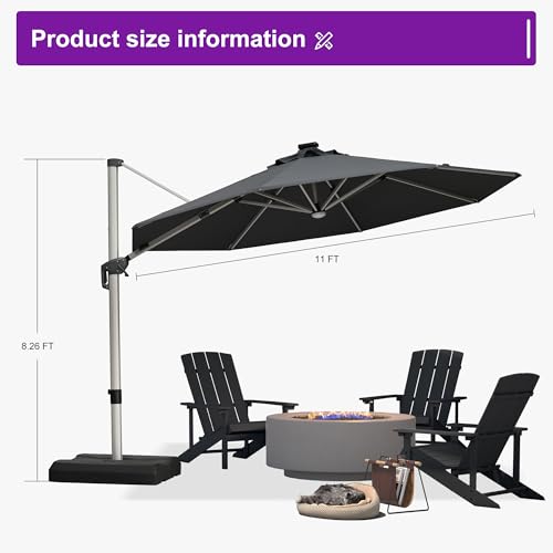 Cantilever Patio Umbrella 11ft Round Solar LED Light