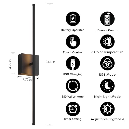 24.4 Inch Battery Operated Wall Sconces Wireless Set of 2 (2 Count)