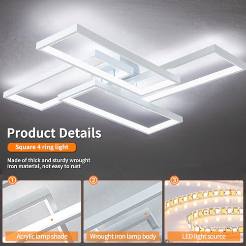 Modern LED Ceiling Light Fixture White Flush Mount Ceiling Light Dimmable 26" Bedroom Lights for Ceiling with Remote Control 48W Kitchen Ceiling Light Fixtures for Hallway 3000K