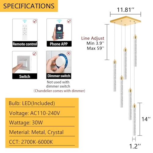 Mini Chandelier Crystal Pendant Lights for Kitchen Island Modern LED Dimmable Ceiling Handing Lighting Adjustable Flush Mount Ceiling Light for Dining Room Bedroom Foyer