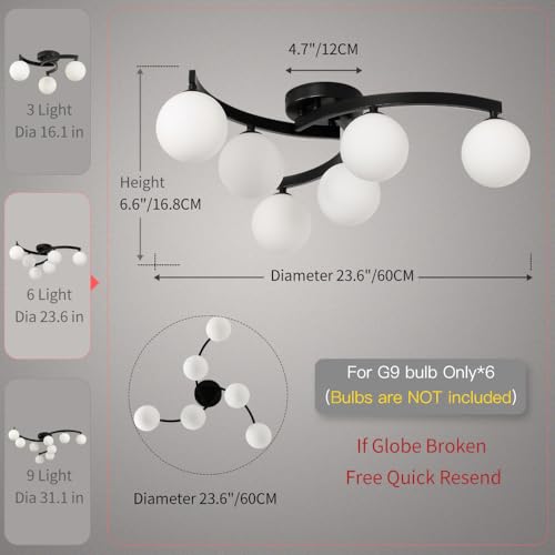 Modern Mid Century Black Glass Globe Semi Flush Mount Ceiling Light Fixture