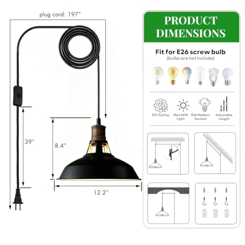 Black Plug in Pendant Light Metal Barn Lights with On