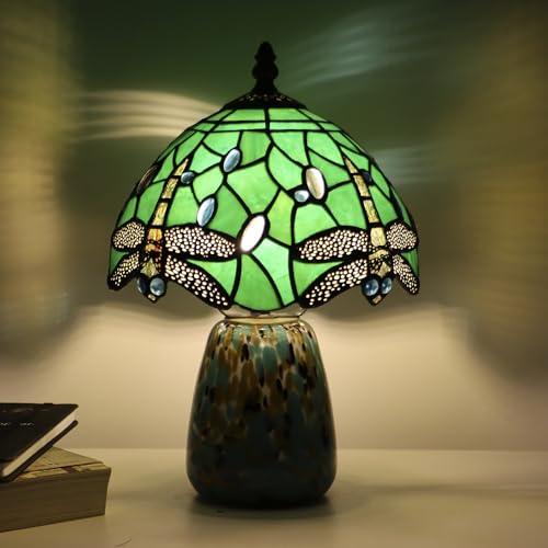 Tiffany Mushroom Table Lamp Dragonfly Style Green Stained Glass Accent Lamp Brown Blue Glass Base 8X8X12 Inch