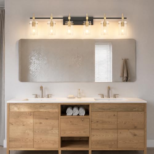 49.2 inch Vanity Light fixtures Vintage 6 Lights Wall Light Fixtures Above Mirror for Bathroom Brass and Black with Clear Glass Shade