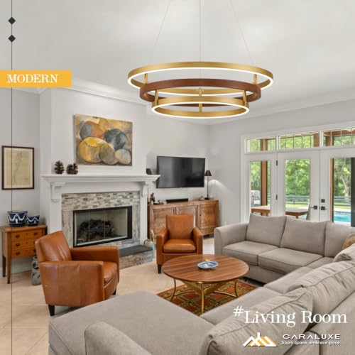 3 Ring LED Chandelier Modern Chandeliers Red Walnut Wood Gold Dimmable 24''