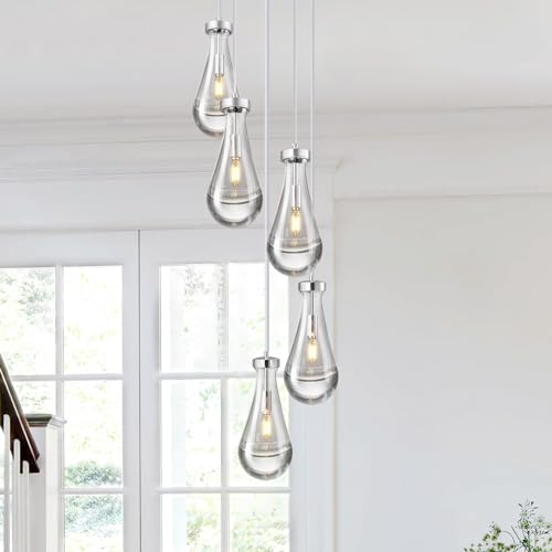Raindrop Pendant Lights Kitchen Island Teardrop Chrome Hanging Light Fixtures Clear Solid Glass Pendant Light Modern Chandeliers for Dining Room Porch Corridor Living Room (5 Count)