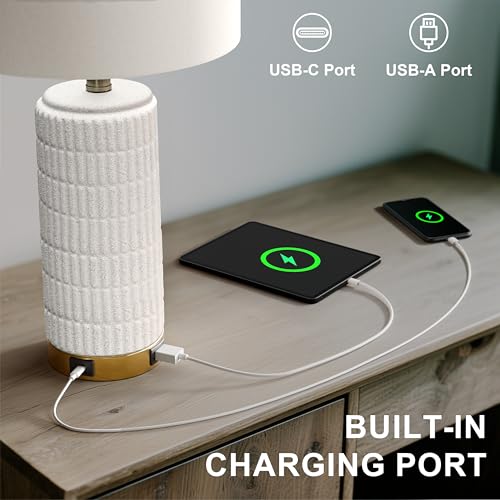 Stone Like Ceramic Table Lamps with USB Ports for Bedroom (2 Count)