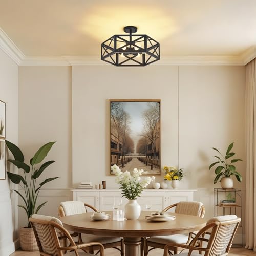 30W Semi Flush Mount Ceiling Light with Remote 19.7" Hexagon Black