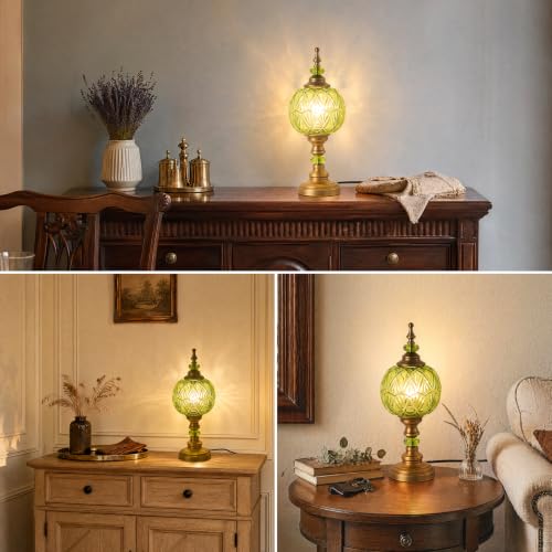 Vintage Glass Green Table Lamp Fixture with E26 Bulb Desk Lights with Plug Switch for Bedroom Living Room Dressing Room