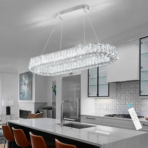 Modern Crystal LED Chandelier Dimmable Oval Chandeliers Rectangular Dining Room Light Fixture with Remote for Living Room Kitchen Island Silver
