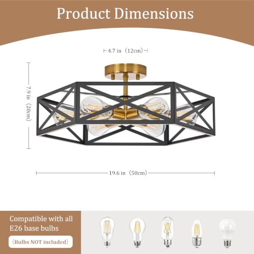 Farmhouse Black and Gold Semi Flush Mount Ceiling Light 19.7 Inch (Black and Gold / 19.7 Inch)