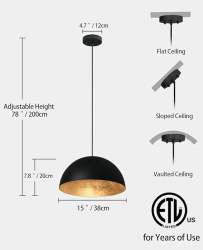 15 Inch Black and Gold Pendant Light